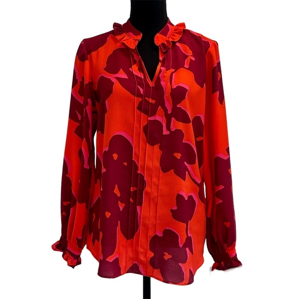 IMNYC Isaac Mizrahi burgundy red floral flower ruffle frill blouse Sz M